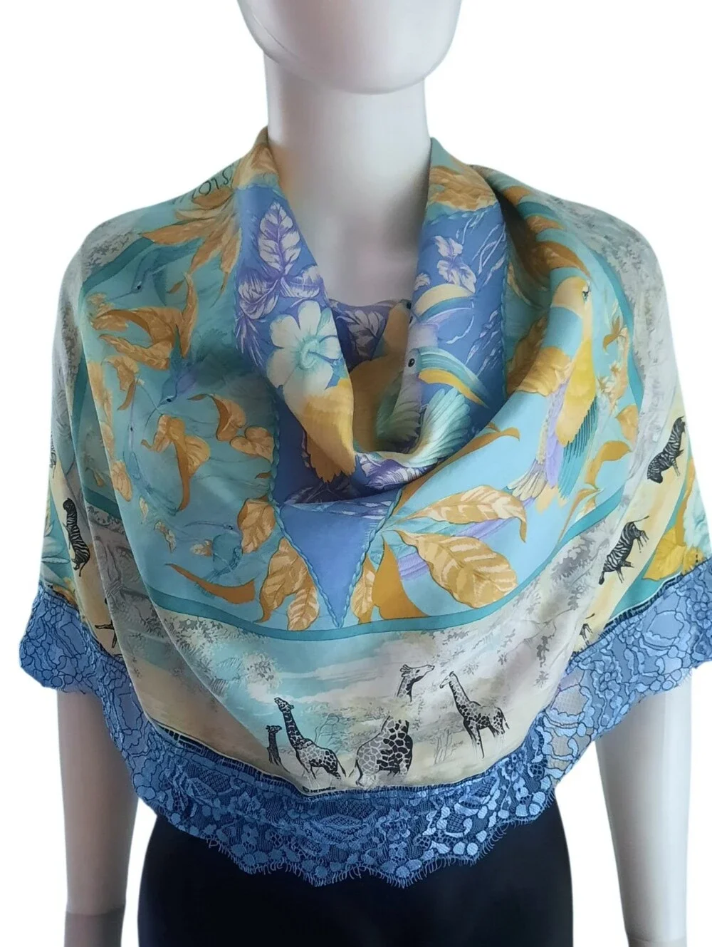Vintage HERMÈS Tropiques Silk Twill Scarf 90cm Blue/Multi (Altered/Trim Added) - Picture 2 of 16